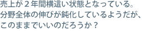 売上が2年間横這い状態となっている。分野全体の伸びが鈍化しているようだが、このままでいいのだろうか？